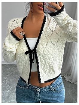 GORGLITTER Women's Tie Front Cropped Cardigan Dressy Fall